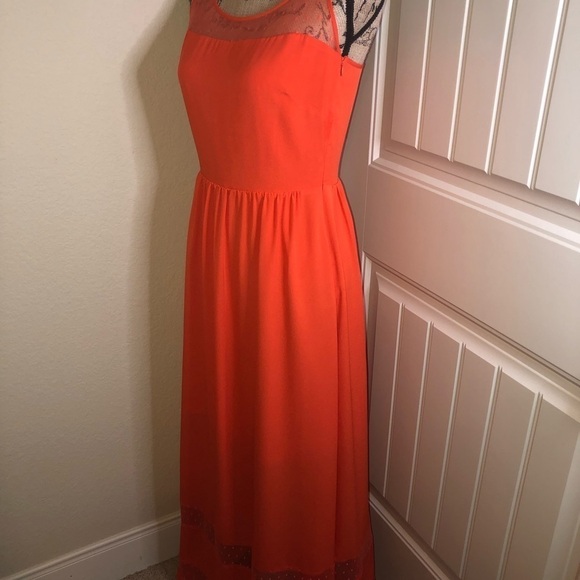 Gianni Bini Adjustable Straps Orange Solid & Sheer Polka Dots Maxi Dress Size 4 - Picture 1 of 8